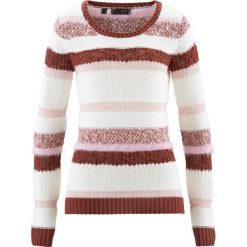 Swetry klasyczne damskie: Sweter bonprix brązowy marsala – biel wełny – bladoróżowy