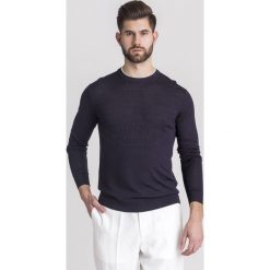 SWETER Emporio Armani z żywej wełny. Niebieskie swetry męskie Emporio Armani, m, bez wzorów, z wełny, z okrągłym kołnierzem, bez kaptura. Za 565,00 zł.