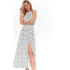 SUKIENKA DAMSKA W GROSZKI. Białe sukienki damskie Top Secret, na lato, w grochy, z tkaniny, eleganckie, bez kołnierzyka, z długim rękawem, długie, maxi. W wyprzedaży za 139,99 zł.
