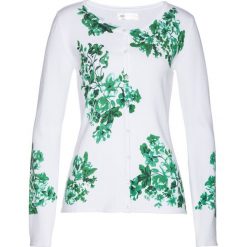 Sweter rozpinany w kwiaty bonprix biało-szmaragdowy z nadrukiem. Białe swetry damskie bonprix, z nadrukiem, bez rękawów, bez kaptura. Za 54,99 zł.