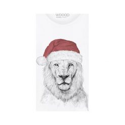Koszulka "Santa Lion" w kolorze białym. Białe koszulki damskie Wooop, s, z nadrukiem, z bawełny, z okrągłym kołnierzem. W wyprzedaży za 59,95 zł.