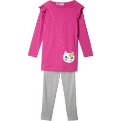 Sukienka shirtowa + legginsy (2 części) bonprix fuksja + jasnoszary melanż. Różowe legginsy dziewczęce bonprix, z nadrukiem. Za 74,99 zł.