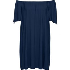 Sukienka shirtowa z dekoltem "carmen" bonprix ciemnoniebieski. Niebieskie sukienki damskie bonprix, bez wzorów, bez kołnierzyka, bez rękawów. Za 74,99 zł.