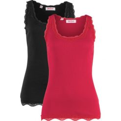 Top w prążek (2 szt.) bonprix ciemnoczerwony + czarny. Czerwone topy damskie marki bonprix, w koronkowe wzory, z koronki, z okrągłym kołnierzem. Za 55,98 zł.