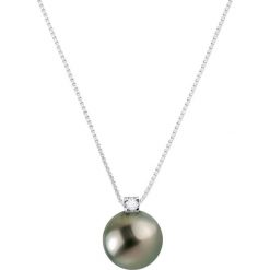 Naszyjniki damskie: Srebrny naszyjnik z hodowlaną perłą Tahiti i diamentem – dł. 42 cm