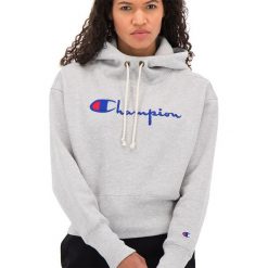 CHAMPION SCRIPT LOGO HIGH RIB REVERSE WEAVE HOODIE > 112552-EM004. Bluzy damskie Champion, l, bez wzorów, z bawełny, bez rękawów, długie, z kapturem. Za 419,99 zł.