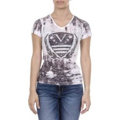 T-shirt w kolorze biało-czarnym. Czarne t-shirty damskie V Italia by Versace, xs, z nadrukiem, z bawełny, z okrągłym kołnierzem. W wyprzedaży za 239,95 zł.
