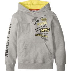 Bluza z kapturem bonprix jasnoszary melanż z nadrukiem. Szare bluzy męskie z nadrukiem marki bonprix, m, z kapturem. Za 59,99 zł.