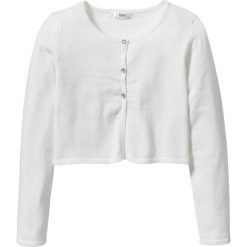 Sweter rozpinany bonprix biel wełny. Białe swetry dziewczęce bonprix, bez wzorów, z wełny, bez kołnierzyka, bez rękawów, bez kaptura. Za 44,99 zł.