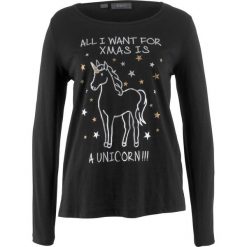 Shirt z przędzy mieszankowej, długi rękaw bonprix czarny z nadrukiem. Czarne koszulki damskie bonprix, z nadrukiem, bez kołnierzyka, z długim rękawem. Za 34,99 zł.