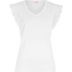 Shirt bawełniany z ćwiekami bonprix biały. Białe koszulki damskie bonprix, bez wzorów, z bawełny, bez kołnierzyka, bez rękawów. Za 16,99 zł.