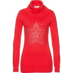 Sweter z golfem i aplikacją ze sztrasów bonprix czerwony sygnałowy. Czerwone swetry damskie bonprix, z aplikacjami, z długim rękawem. Za 99,99 zł.