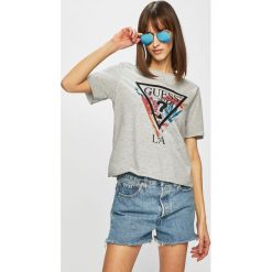 Guess Jeans - Top. Szare bluzki damskie Guess Jeans, s, z nadrukiem, z bawełny, bez kołnierzyka. W wyprzedaży za 89,90 zł.