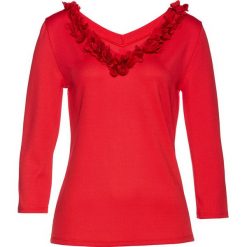 Shirt Premium z szyfonowymi kwiatami bonprix czerwony sygnałowy. Czerwone koszulki damskie marki bonprix, bez wzorów, z szyfonu, bez kołnierzyka, bez rękawów. Za 109,99 zł.