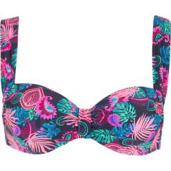 Biustonosz bikini na fiszbinach bonprix ciemnoniebiesko-różowy. Niebieskie stroje kąpielowe damskie bonprix, z nadrukiem. Za 30,99 zł.