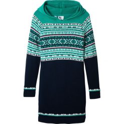 Sukienka dzianinowa z kapturem bonprix ciemnoniebiesko-turkusowy. Niebieskie sukienki dziewczęce bonprix, z aplikacjami, z dzianiny, bez rękawów. Za 74,99 zł.