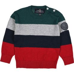 Sweter w kolorze granatowo-zielono-czerwonym. Czerwone swetry niemowlęce Polo Club St. Martin, w paski, ze splotem. W wyprzedaży za 87,95 zł.