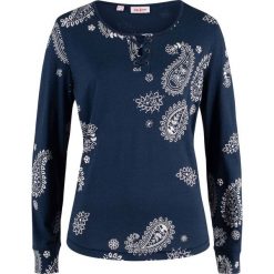 Shirt z nadrukiem, długi rękaw bonprix ciemnoniebieski. Niebieskie koszulki damskie bonprix, z nadrukiem, bez kołnierzyka, z długim rękawem. Za 44,99 zł.
