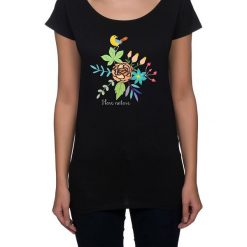 Koszulka damska. kwiaty i ptaki. Czarne t-shirty damskie marki Pakamera, z nadrukiem. Za 85,00 zł.