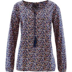 Bluzka bawełniana z długim rękawem bonprix ciemnoniebieski w kwiaty. Niebieskie bluzki longsleeves bonprix, w kwiaty, z bawełny. Za 49,99 zł.