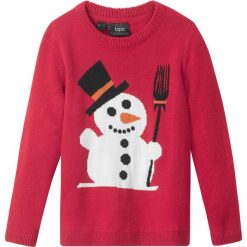 Sweter bożonarodzeniowy z motywem bałwanka bonprix ciemnoczerwony. Czerwone swetry chłopięce bonprix, na zimę, bez wzorów, bez kołnierzyka. Za 64,99 zł.