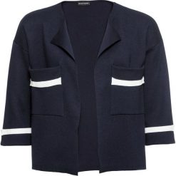 Sweter rozpinany, rękawy 3/4 bonprix ciemnoniebiesko-biały. Niebieskie swetry damskie bonprix, bez wzorów, z dzianiny, z krótkim rękawem, krótkie, bez kaptura. Za 119,99 zł.