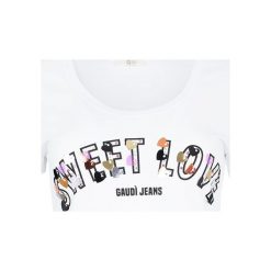 T-shirt Gaudi Jeans. Białe koszulki damskie na co dzień, s, bez wzorów, z jeansu, z włoskim kołnierzykiem, bez rękawów. Za 119,00 zł.