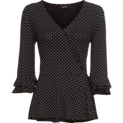 Shirt kopertowy bonprix czarny w białe kropki. Czarne koszulki damskie marki bonprix, bez wzorów, wizytowe, bez kołnierzyka, bez rękawów. Za 69,99 zł.