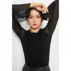 Sweter z transparentnym rękawem. Czarne swetry klasyczne damskie Orsay, xs, z dzianiny, z okrągłym kołnierzem. Za 99,99 zł.
