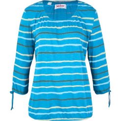Tunika shirtowa z bawełny z nadrukiem, rękawy 3/4 bonprix niebieski oceaniczny w paski. Niebieskie tuniki damskie bonprix, w paski, z bawełny, bez kołnierzyka, bez rękawów. Za 42,99 zł.