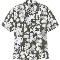 Koszula z krótkim rękawem w hawajski deseń, Regular Fit bonprix ciemnooliwkowy z nadrukiem. Zielone koszule męskie bonprix, xl, z nadrukiem, bez kołnierzyka, z krótkim rękawem. Za 74,99 zł.