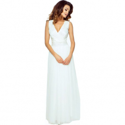 Ecru Elegancka Maxi Sukienka z Koronkową Górą. Białe długie sukienki Molly.pl, xxl, w koronkowe wzory, z koronki, eleganckie, z kopertowym dekoltem, bez rękawów, kopertowe. Za 349,90 zł.
