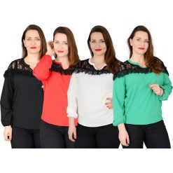 ELEGANCKA WIZYTOWA BLUZKA Z KORONKĄ oversize PLUS SIZE. Czarne bluzki damskie Moda Size Plus Iwanek, do pracy, s, w koronkowe wzory, z tkaniny, eleganckie, z klasycznym kołnierzykiem, plus size, bez rękawów. Za 119,90 zł.