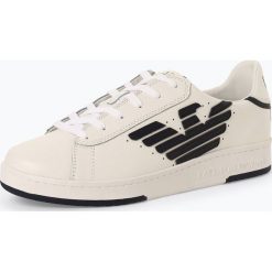 EA7 Emporio Armani - Tenisówki męskie z dodatkiem skóry, biały. Białe trampki męskie EA7 Emporio Armani, bez wzorów, ze skóry, bez zapięcia. Za 549,95 zł.