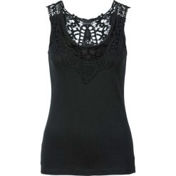 Top z koronką bonprix czarny. Czarne topy damskie bonprix, w koronkowe wzory, z koronki, bez kołnierzyka. Za 44,99 zł.