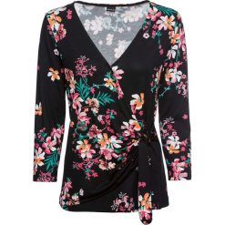 Shirt z długim rękawem i przewiązaniem bonprix czarny w kwiaty. Czarne koszulki damskie bonprix, w kwiaty, z dekoltem w serek, z długim rękawem. Za 99,99 zł.