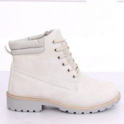 Timberki damskie szare W-3033 Grey. Szare botki damskie ButyModne, ze skóry ekologicznej, bez obcasa, na sznurówki. W wyprzedaży za 87,21 zł.