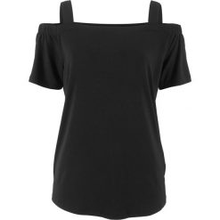 Shirt z dekoltem carmen na szerokich ramiączkach bonprix czarny. Czarne koszulki damskie bonprix, bez wzorów, bez kołnierzyka, bez rękawów. Za 44,99 zł.
