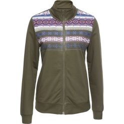Bluzy damskie: Bluza rozpinana ze stójką bonprix ciemnooliwkowy z nadrukiem