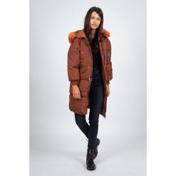 Płaszcz zimowy w kolorze brązowym. Pomarańczowe kurtki damskie Snowie Collection, na zimę, s, w paski, z tkaniny, bez kaptura. W wyprzedaży za 249,95 zł.