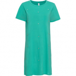 Sukienka shirtowa z połyskującymi kamieniami bonprix zielony oceaniczny. Zielone sukienki mini bonprix, z okrągłym kołnierzem, z krótkim rękawem. Za 74,99 zł.