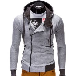 BLUZA MĘSKA ROZPINANA Z KAPTUREM B297 - SZARA. Szare bluzy asymetryczne męskie marki Ombre Clothing, s, z bawełny, z kapturem. Za 89,00 zł.