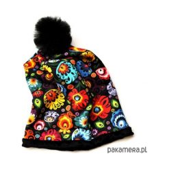 CZAPKA DAMSKA z łowickim wzorem_FOLK_56-58 cm. Czarne czapki zimowe damskie Pakamera, z tiulu. Za 65,00 zł.