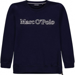 Bluza w kolorze granatowym. Białe bluzy dziewczęce rozpinane marki Marc O'Polo Junior, z nadrukiem, z okrągłym kołnierzem, z długim rękawem. W wyprzedaży za 125,95 zł.