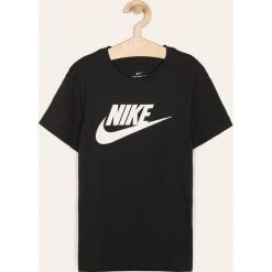 Nike Kids - T-shirt dziecięcy 122-166 cm. Czarne bluzki dziewczęce z nadrukiem, z bawełny, z okrągłym kołnierzem, krótkie. W wyprzedaży za 59,90 zł.
