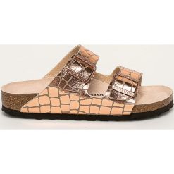 Birkenstock - Klapki Arizona. Żółte klapki damskie Birkenstock, bez wzorów, ze skóry ekologicznej, bez obcasa, na obcasie. Za 319,90 zł.