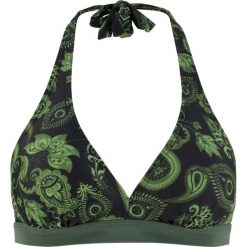 Biustonosz bikini z ramiączkami wiązanymi na szyi bonprix oliwkowo-czarny z nadrukiem. Zielone stroje kąpielowe damskie bonprix, z nadrukiem. Za 54,99 zł.