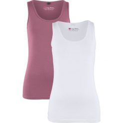 Top ze stretchem (2 szt. w opak.) bonprix matowy jeżynowy + biały. Fioletowe bluzki damskie marki bonprix, z materiału, z okrągłym kołnierzem. Za 39,98 zł.