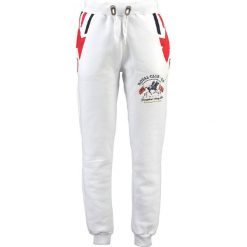 Spodnie dresowe "Moduk" w kolorze białym. Białe joggery męskie marki Geographical Norway, z aplikacjami, z dresówki. W wyprzedaży za 117,95 zł.