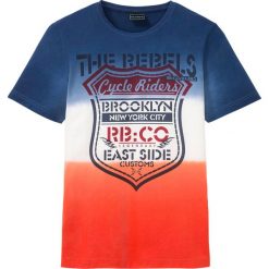 T-shirt Slim Fit bonprix niebiesko-pomarańczowy. Niebieskie koszulki męskie bonprix, s, z nadrukiem, z bawełny, bez kołnierzyka, bez rękawów. Za 49,99 zł.